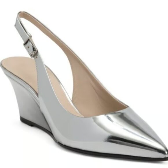 THEORY Slingback Wedge In Metallic Leather In Winter Silver Size 39 - Picture 1 of 9